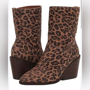 Lucky Brand Leather Leopard Booties with Side Zipper, Size 7M NEW